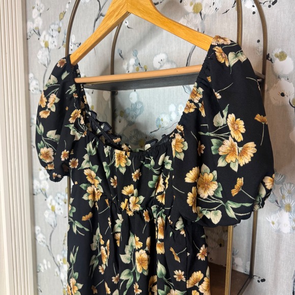 Altar'd State Floral Puff Sleeve Mini Dress Black Yellow Square Neck Womens M - Picture 8 of 8